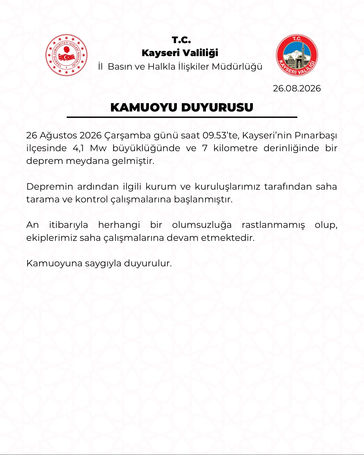 Kayseri’de deprem: Pınarbaşı’nda 4.1 büyüklüğünde sarsıntı
