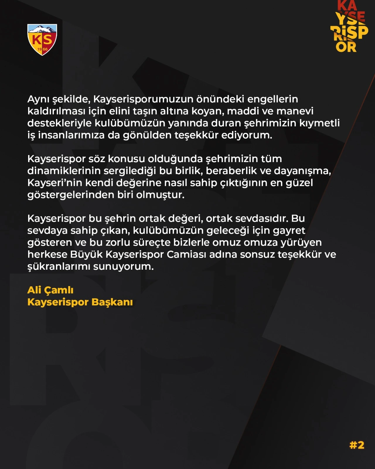 Kayserispor’dan Destek Verenlere Teşekkür Mesajı